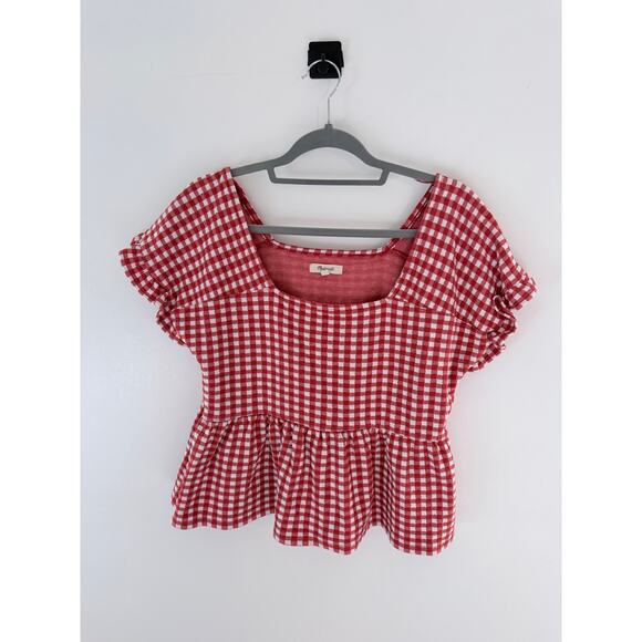 Madwell Red & White Gingham Knit Ruffle-Hem Top-Size M - Picture 2 of 7
